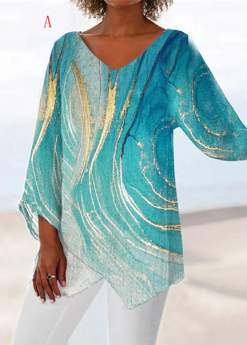 Loose V Neck Print Asymmetrical Design Cotton Top Summer