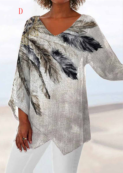 Loose V Neck Print Asymmetrical Design Cotton Top Summer