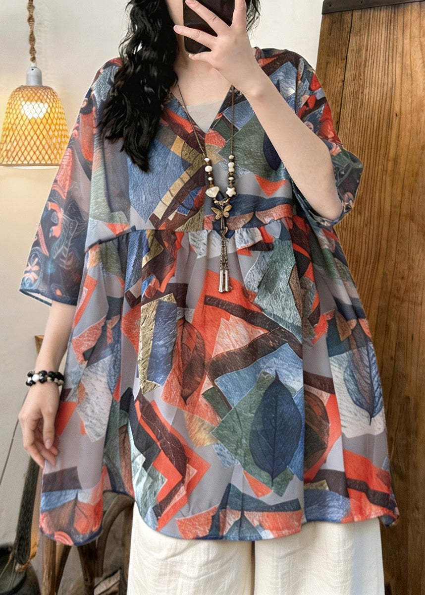 Loose V Neck Print Chiffon Shirt Tops Summer