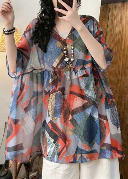Loose V Neck Print Chiffon Shirt Tops Summer
