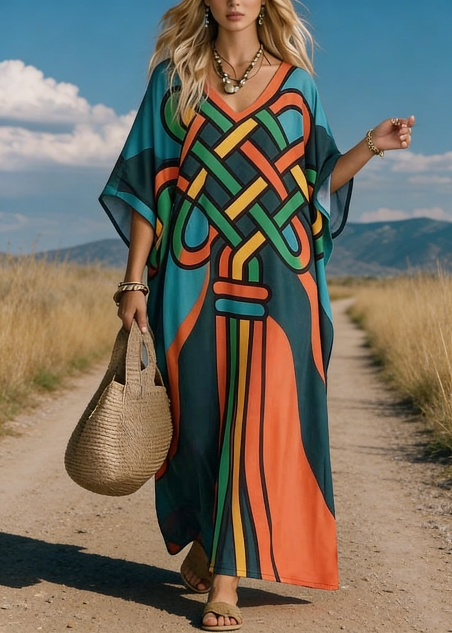 Loose V Neck Print Cotton Maxi Dresses Batwing Sleeve