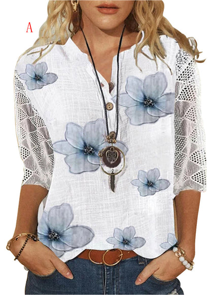 Loose V Neck Print Lace Patchwork Cotton Shirt Summer