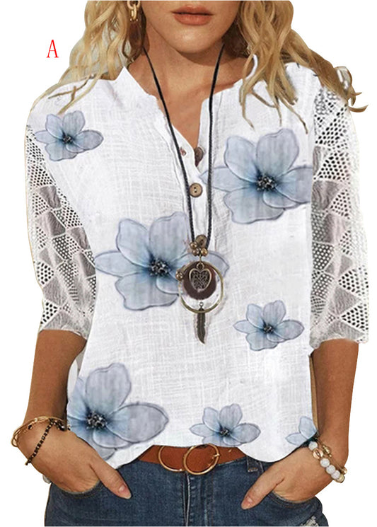 Loose V Neck Print Lace Patchwork Cotton Shirt Summer