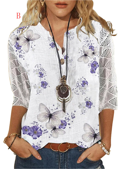 Loose V Neck Print Lace Patchwork Cotton Shirt Summer