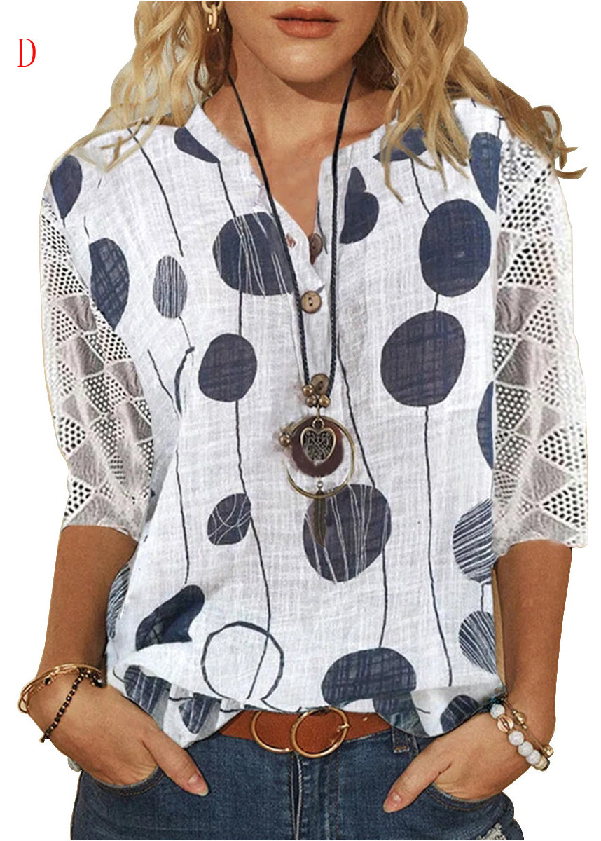 Loose V Neck Print Lace Patchwork Cotton Shirt Summer