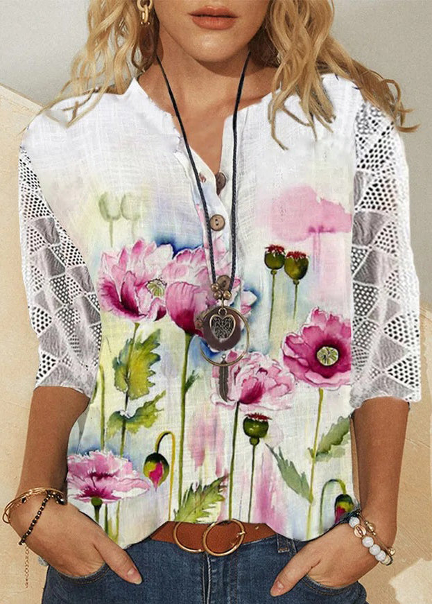 Loose V Neck Print Lace Patchwork Cotton Shirt Summer