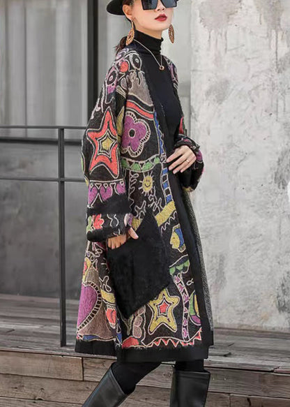 Loose V Neck Print Pockets Cotton Knit Long Cardigan Long Sleeve