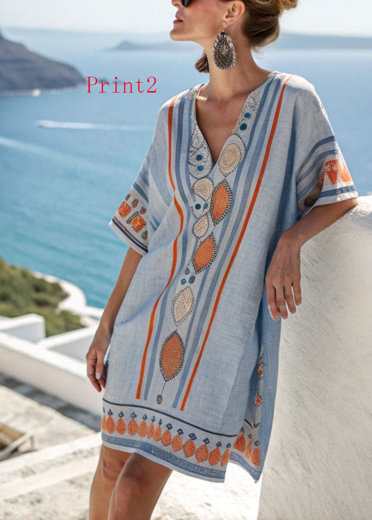Loose V Neck Print Pockets Cotton Mid Dress Summer