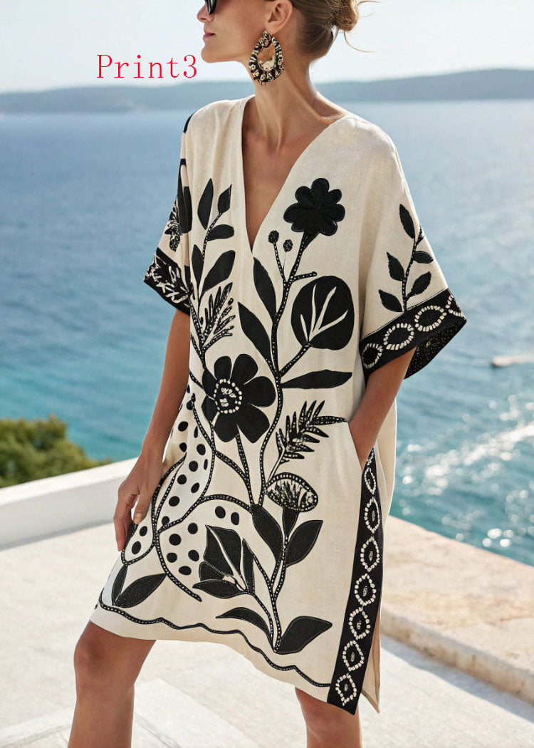 Loose V Neck Print Pockets Cotton Mid Dress Summer