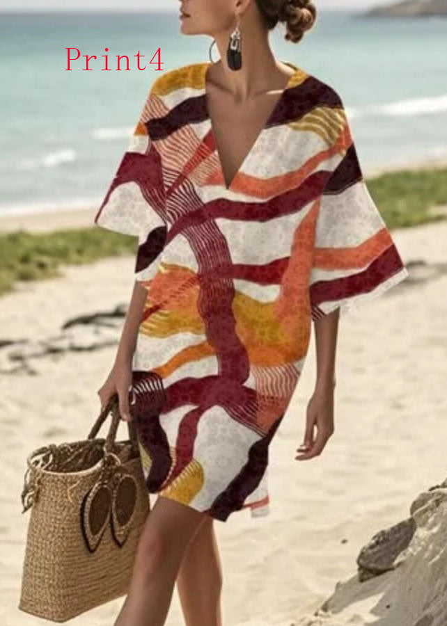Loose V Neck Print Pockets Cotton Mid Dress Summer