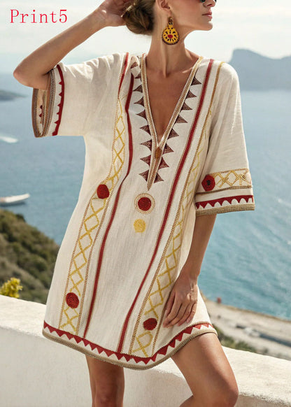 Loose V Neck Print Pockets Cotton Mid Dress Summer