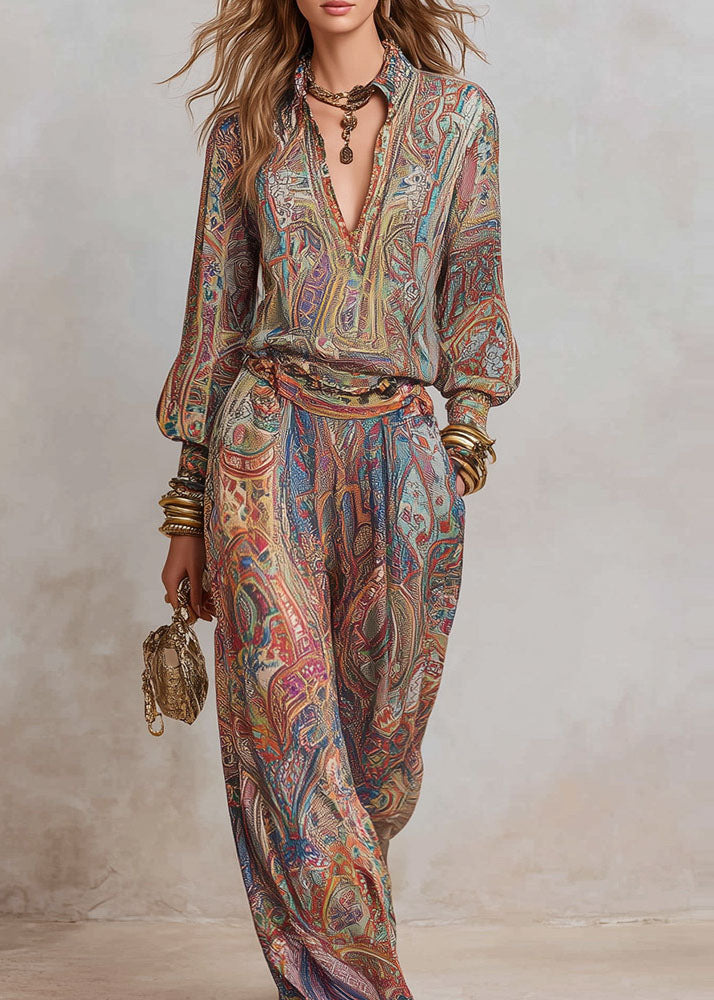 Loose V Neck Print Top And Pants Cotton Two Pieces Set Fall