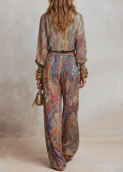 Loose V Neck Print Top And Pants Cotton Two Pieces Set Fall
