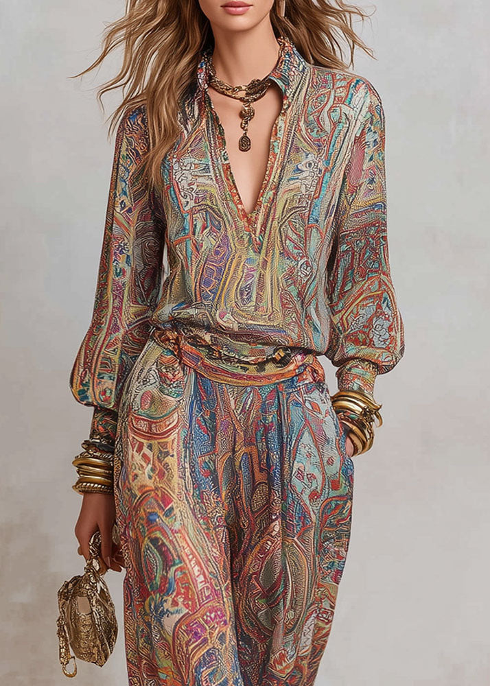 Loose V Neck Print Top And Pants Cotton Two Pieces Set Fall