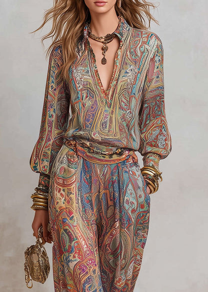 Loose V Neck Print Top And Pants Cotton Two Pieces Set Fall