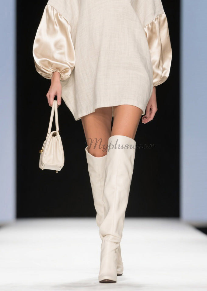 Loose V Neck Silk Patchwork Linen Mid Dress Spring