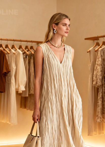 Loose V Neck Wrinkled Cotton Ankle Dress Sleeveless