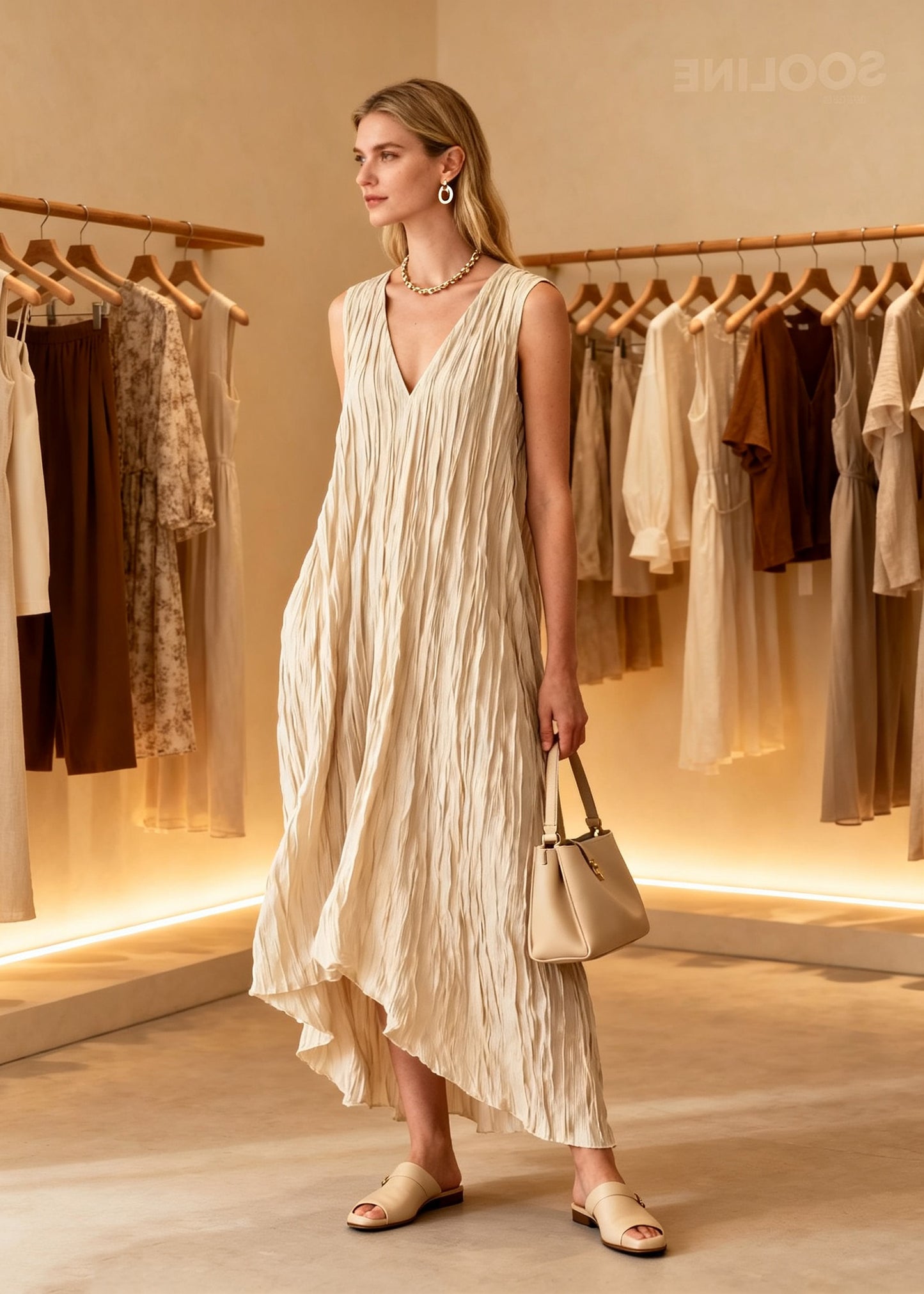 Loose V Neck Wrinkled Cotton Ankle Dress Sleeveless