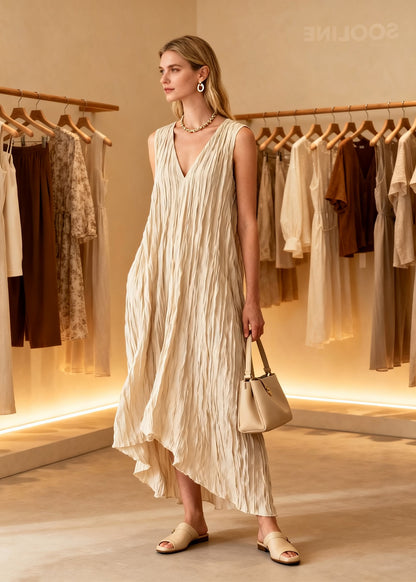 Loose V Neck Wrinkled Cotton Ankle Dress Sleeveless
