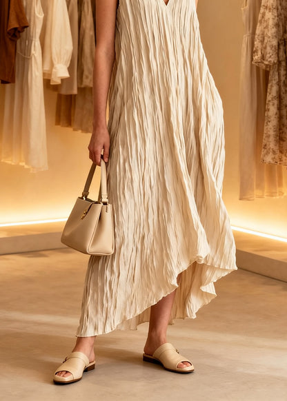 Loose V Neck Wrinkled Cotton Ankle Dress Sleeveless