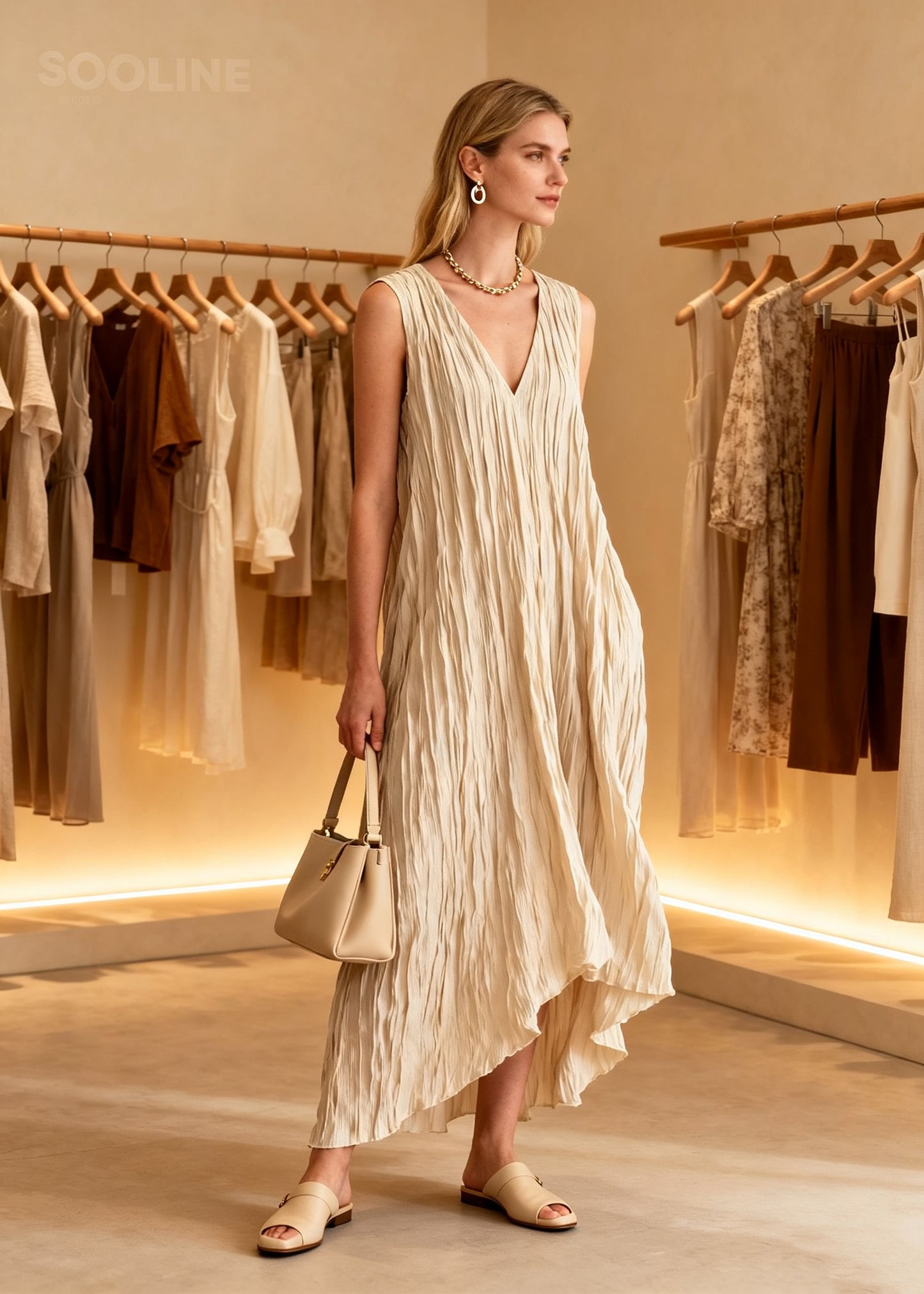 Loose V Neck Wrinkled Cotton Ankle Dress Sleeveless