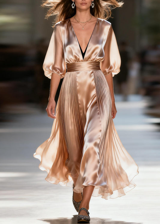 Loose V Neck Wrinkled Patchwork Silk Maxi Dresses Summer