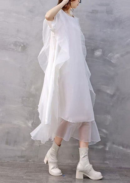 Loose White Asymmetrical Ruffled Chiffon Dresses Summer
