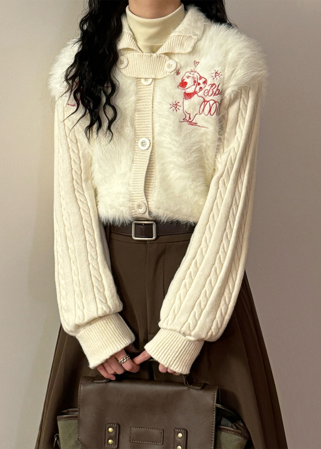 Loose White Button Fluffy Patchwork Knit Coats Winter