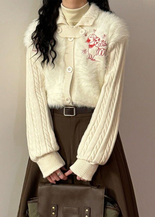 Loose White Button Fluffy Patchwork Knit Coats Winter