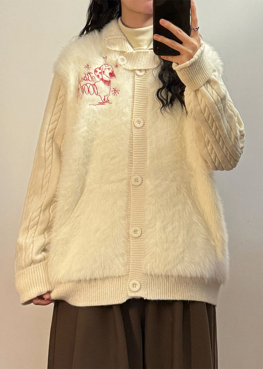 Loose White Button Fluffy Patchwork Knit Coats Winter