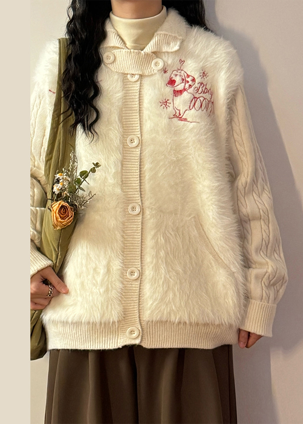 Loose White Button Fluffy Patchwork Knit Coats Winter