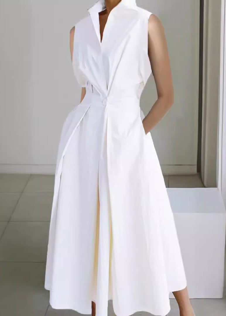 Loose White Button Pockets Solid Cotton Long Dress Sleeveless