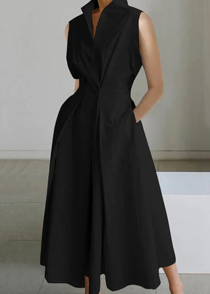 Loose White Button Pockets Solid Cotton Long Dress Sleeveless