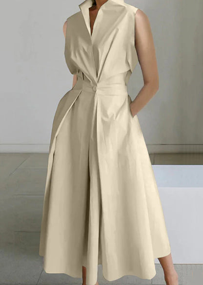Loose White Button Pockets Solid Cotton Long Dress Sleeveless