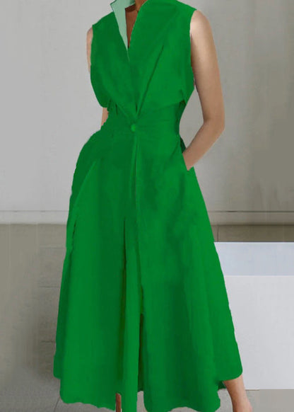 Loose White Button Pockets Solid Cotton Long Dress Sleeveless