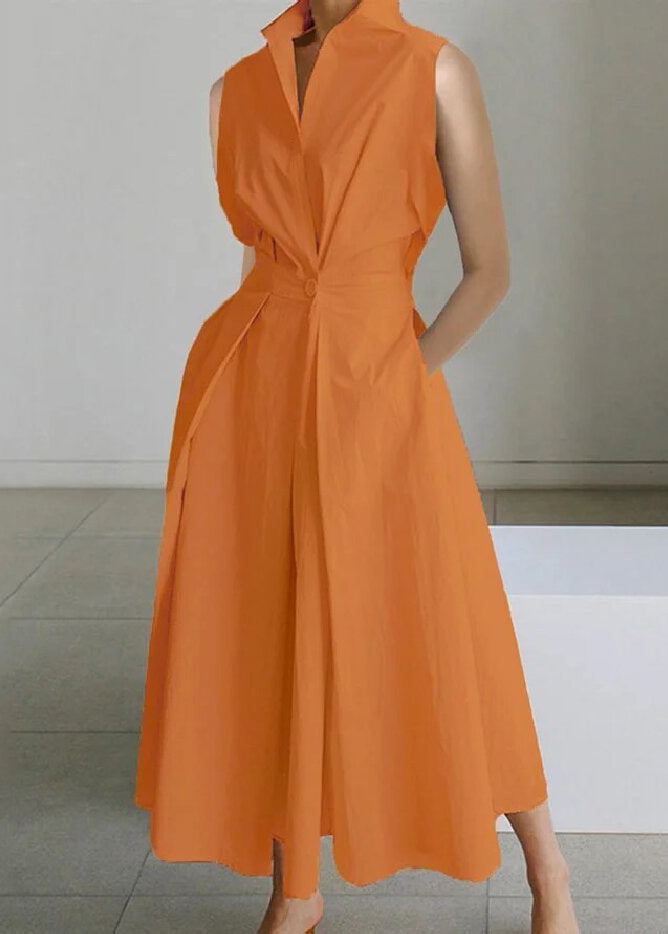 Loose White Button Pockets Solid Cotton Long Dress Sleeveless