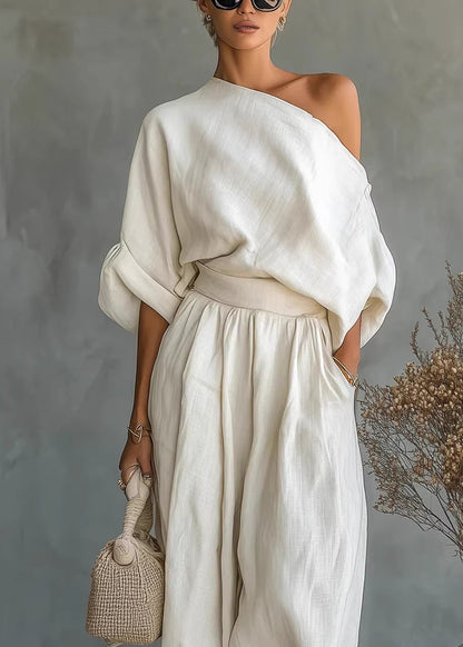Loose White Cold Shoulder Linen Two Piece Set Women Clothing Summer