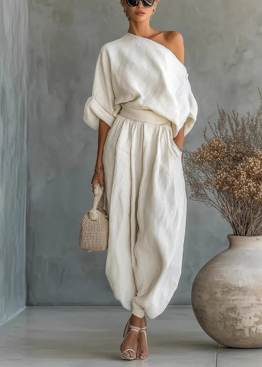 Loose White Cold Shoulder Linen Two Piece Set Women Clothing Summer