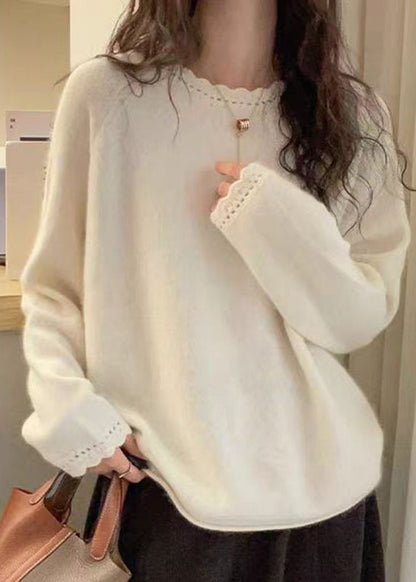 Loose White Cotton Knit Sweater O-Neck Lace Patchwork Spring