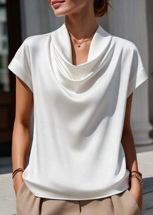 Loose White Cowl Neck Draping Blouses Short Sleeve