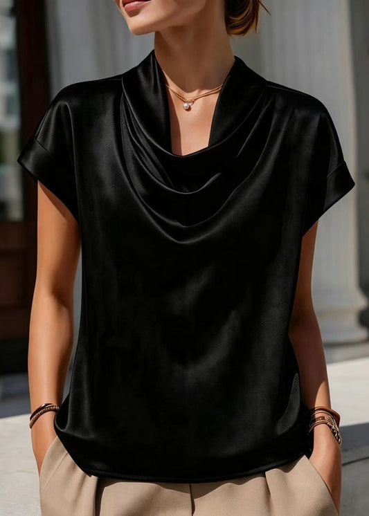 Loose White Cowl Neck Draping Blouses Short Sleeve