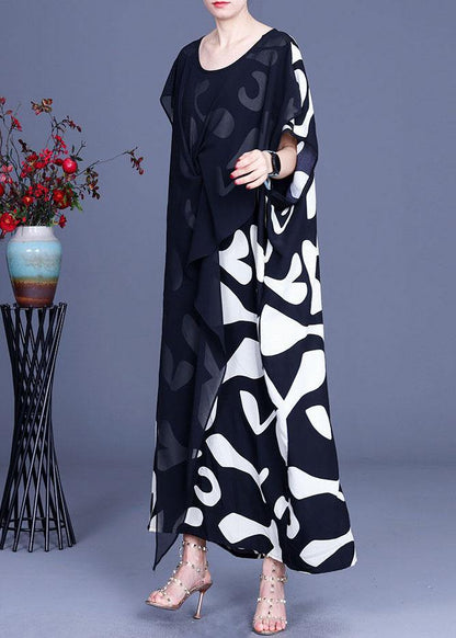 Loose White Elegant Print Patchwork Summer Silk Long Dresses - SooLinen
