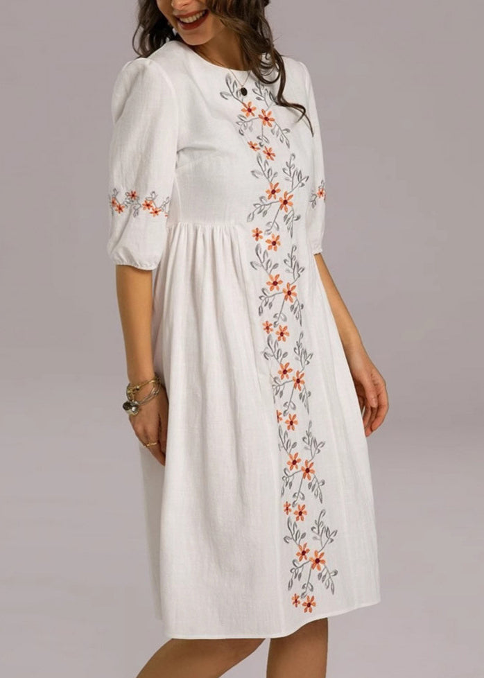 Loose White Embroidered Zippered Cotton Dresses Half Sleeve