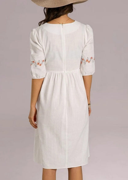 Loose White Embroidered Zippered Cotton Dresses Half Sleeve