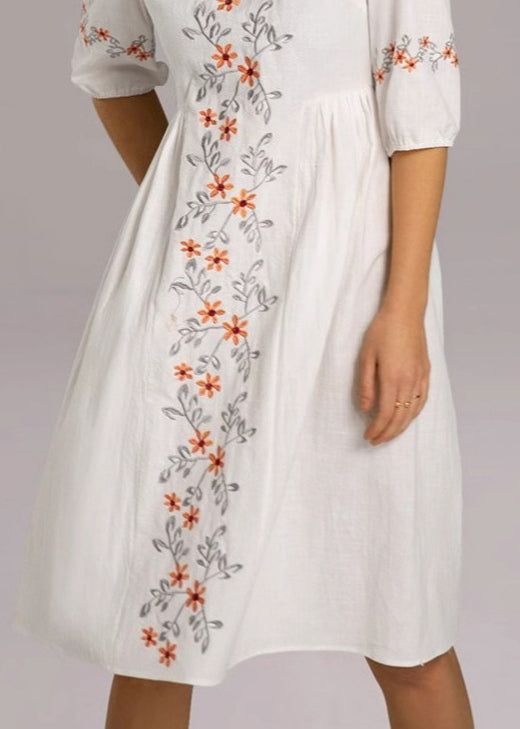 Loose White Embroidered Zippered Cotton Dresses Half Sleeve