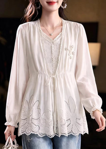 Loose White Fake Two-Piece Hollow Out Drawstring Cotton Tops Fall