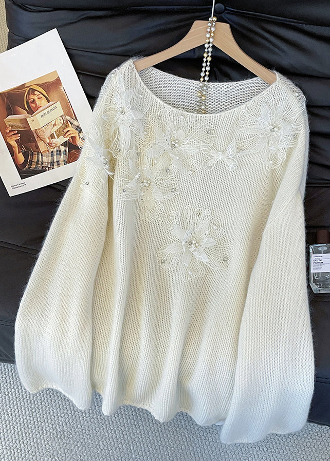 Loose White Floral Nail Bead Knit Sweaters Fall