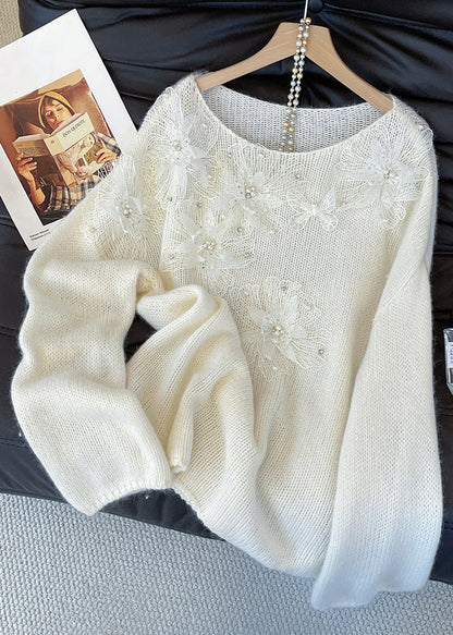 Loose White Floral Nail Bead Knit Sweaters Fall
