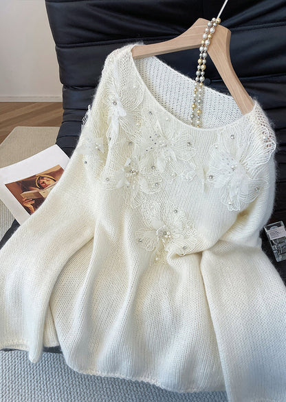 Loose White Floral Nail Bead Knit Sweaters Fall