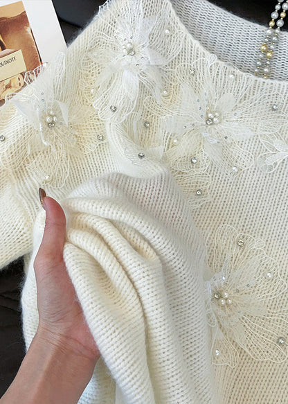 Loose White Floral Nail Bead Knit Sweaters Fall